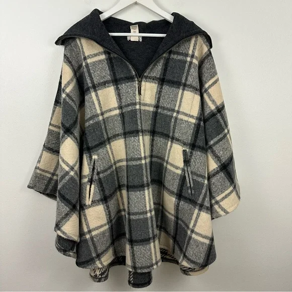 Free People Women’s Plaid Hooded Poncho One Size - Picture 1 of 5